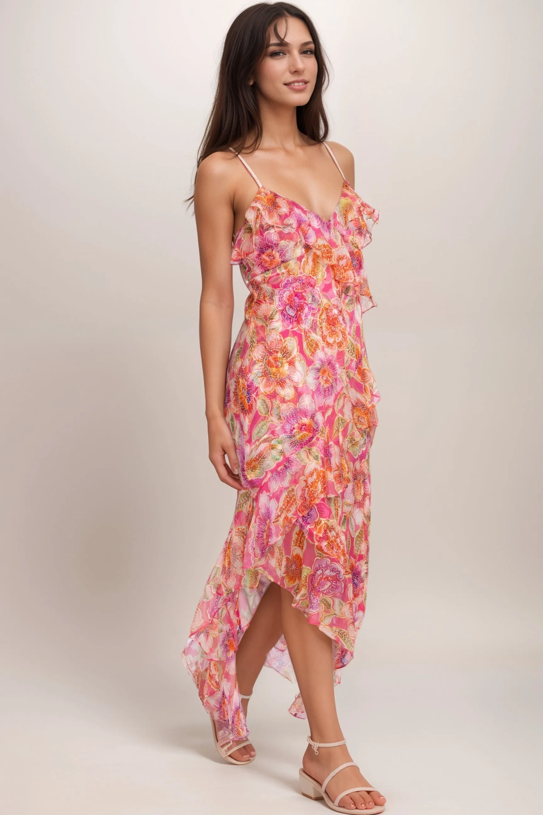 Johnny Was Jade Pink Katella Floral Silk Midi Dress L36924