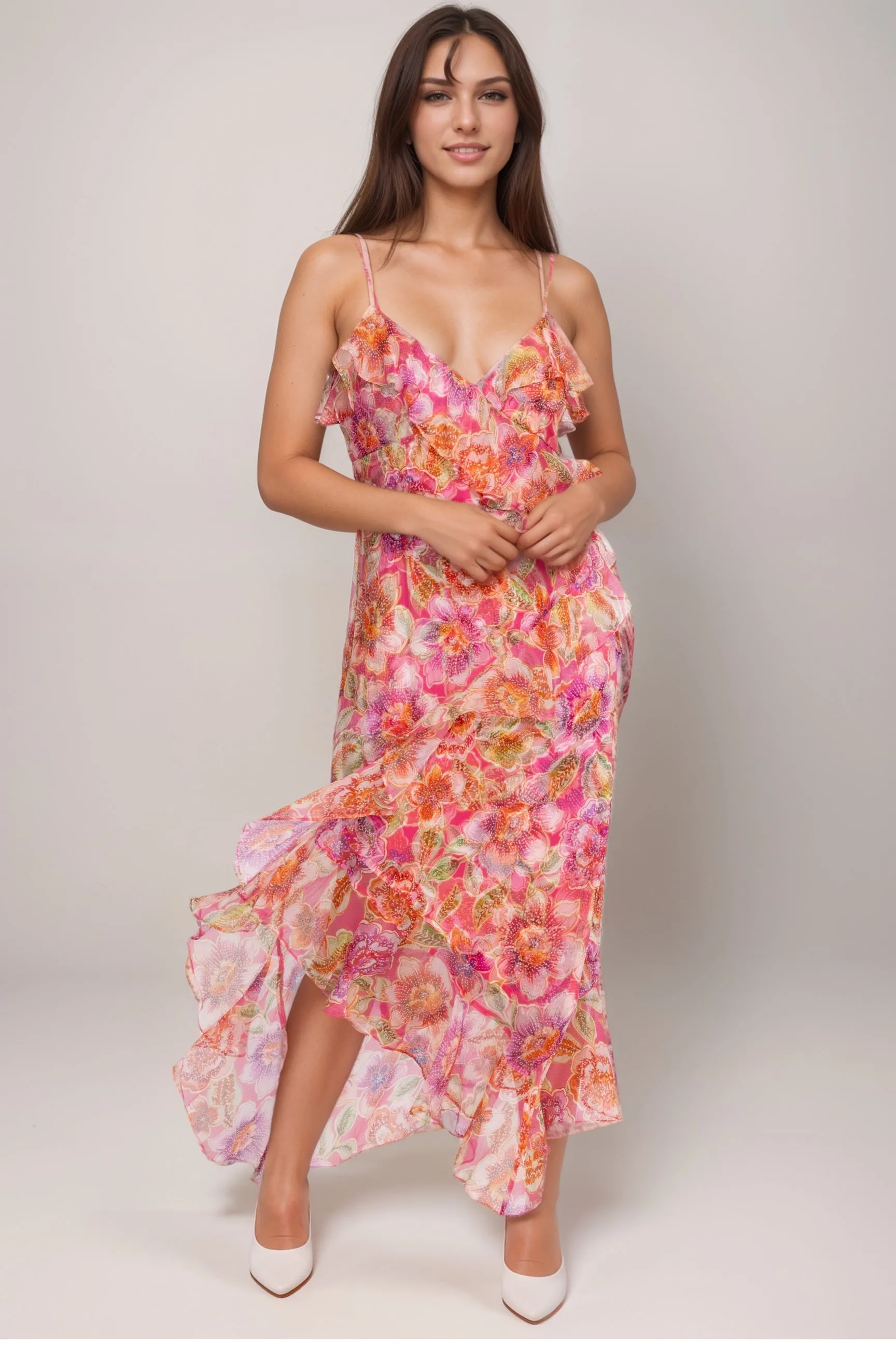 Johnny Was Jade Pink Katella Floral Silk Midi Dress L36924