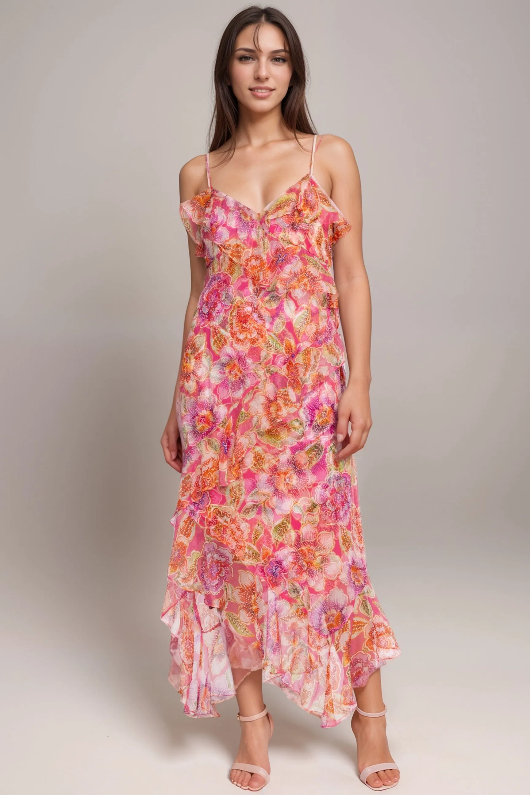 Johnny Was Jade Pink Katella Floral Silk Midi Dress L36924