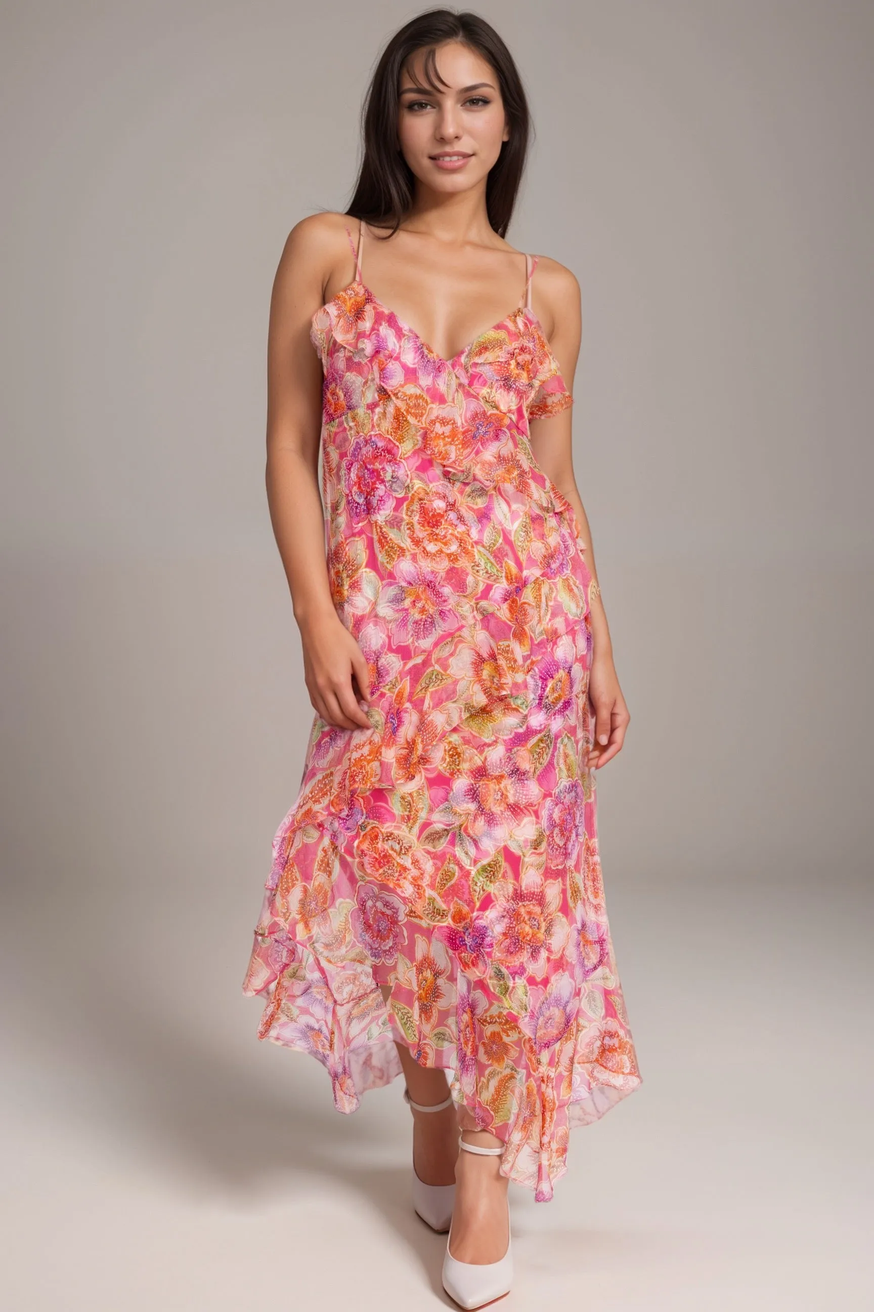 Johnny Was Jade Pink Katella Floral Silk Midi Dress L36924