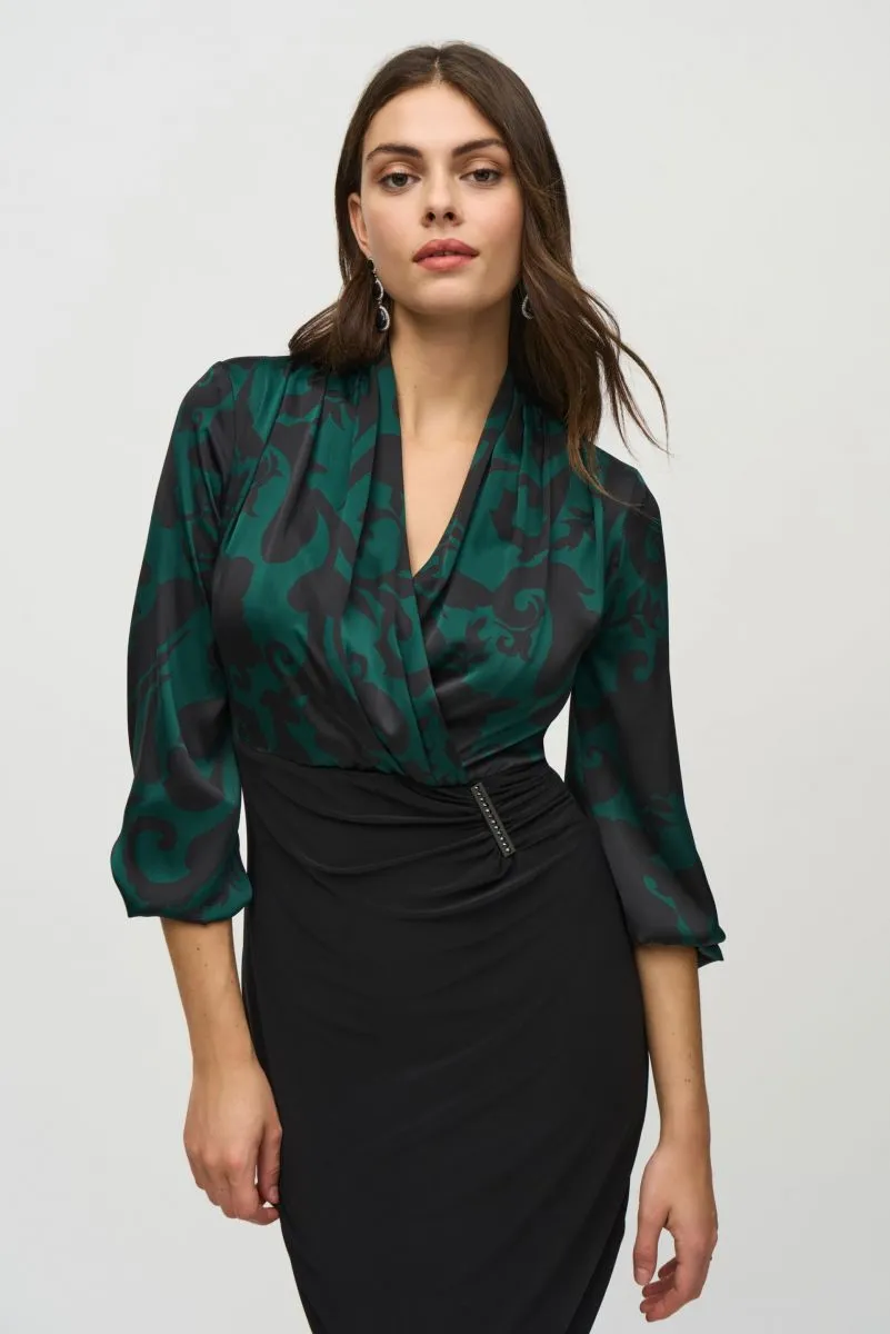 Joseph Ribkoff Absolute Green/Black Paisley Faux Wrap Sheath Dress 244128