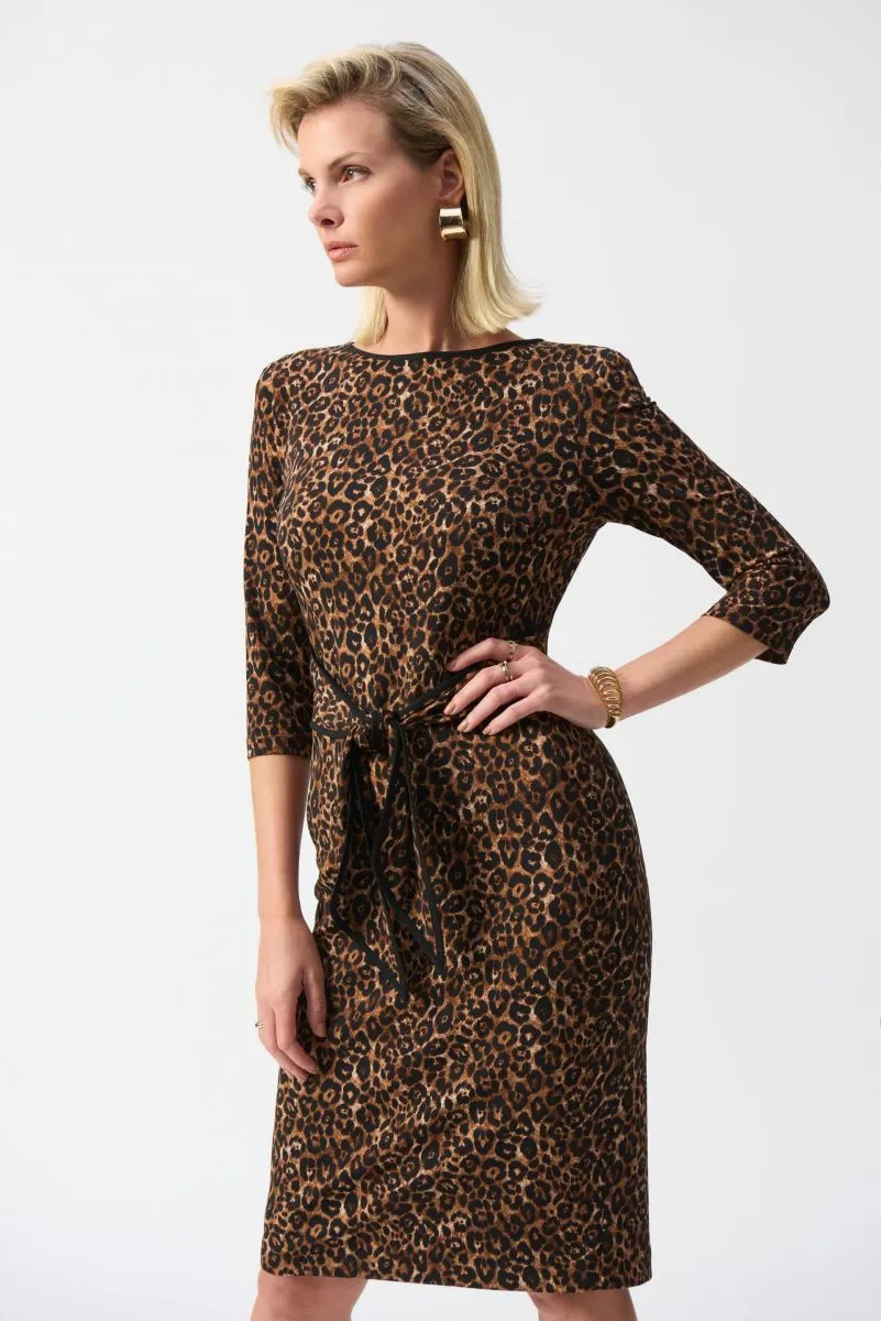 Joseph Ribkoff Beige/Black Animal Print Waist Tie Sheath Dress 244254