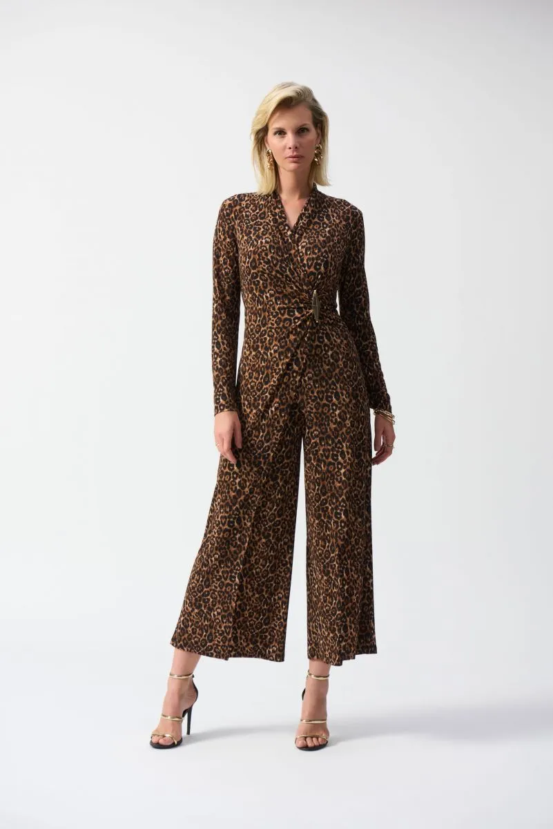 Joseph Ribkoff Beige/Black Animal Print Wrap Front Culotte Jumpsuit 244255