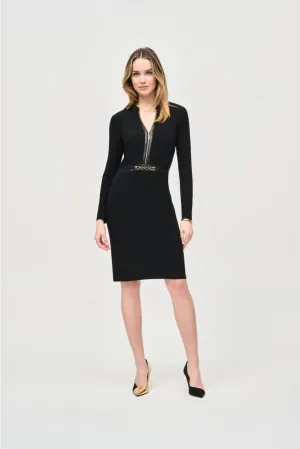 Joseph Ribkoff Black Faux Leather Trim Long Sleeve Sheath Dress 243274