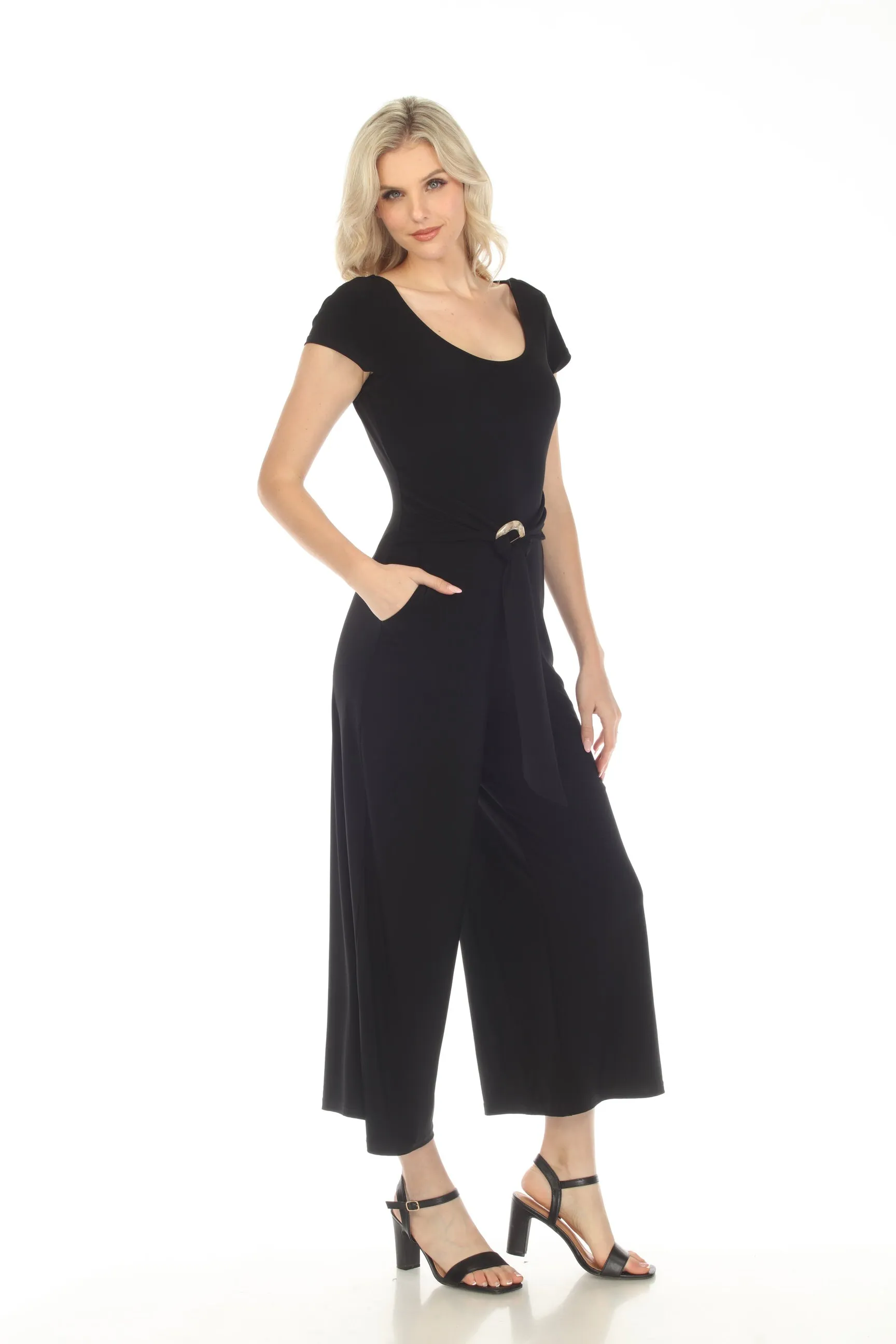 Joseph Ribkoff Black Scoop Neck Waist Sash Cropped Jumpsuit 241057