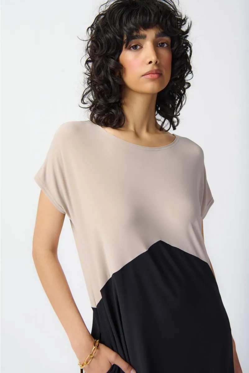 Joseph Ribkoff Black/Dune Two-Tone Color Block Cocoon Midi Dress 241128