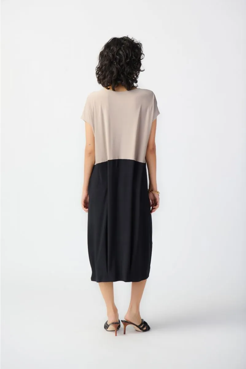 Joseph Ribkoff Black/Dune Two-Tone Color Block Cocoon Midi Dress 241128