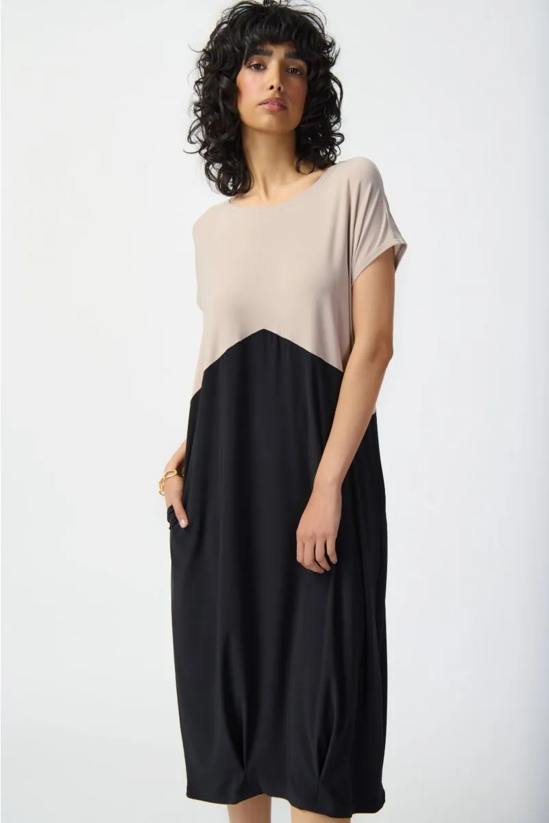 Joseph Ribkoff Black/Dune Two-Tone Color Block Cocoon Midi Dress 241128