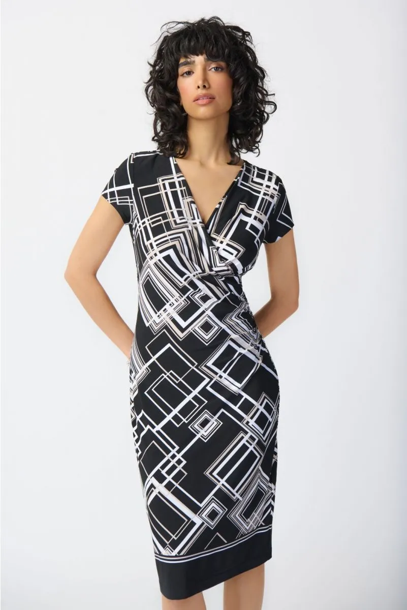 Joseph Ribkoff Black/Multi Geometric Print Cap Sleeve Sheath Dress 241295