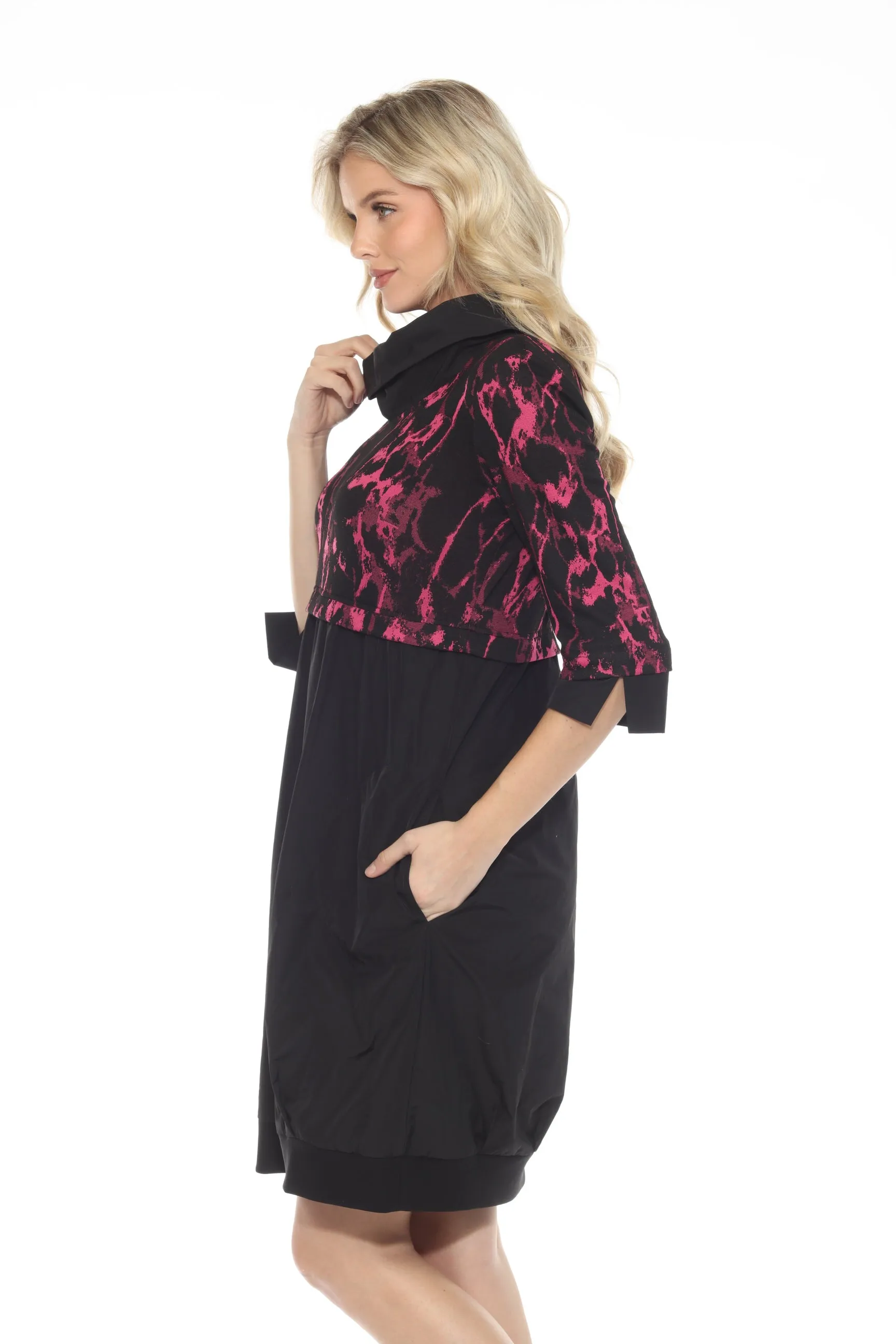 Joseph Ribkoff Black/Pink Abstract Print Cowl Neck Cocoon Dress 243300