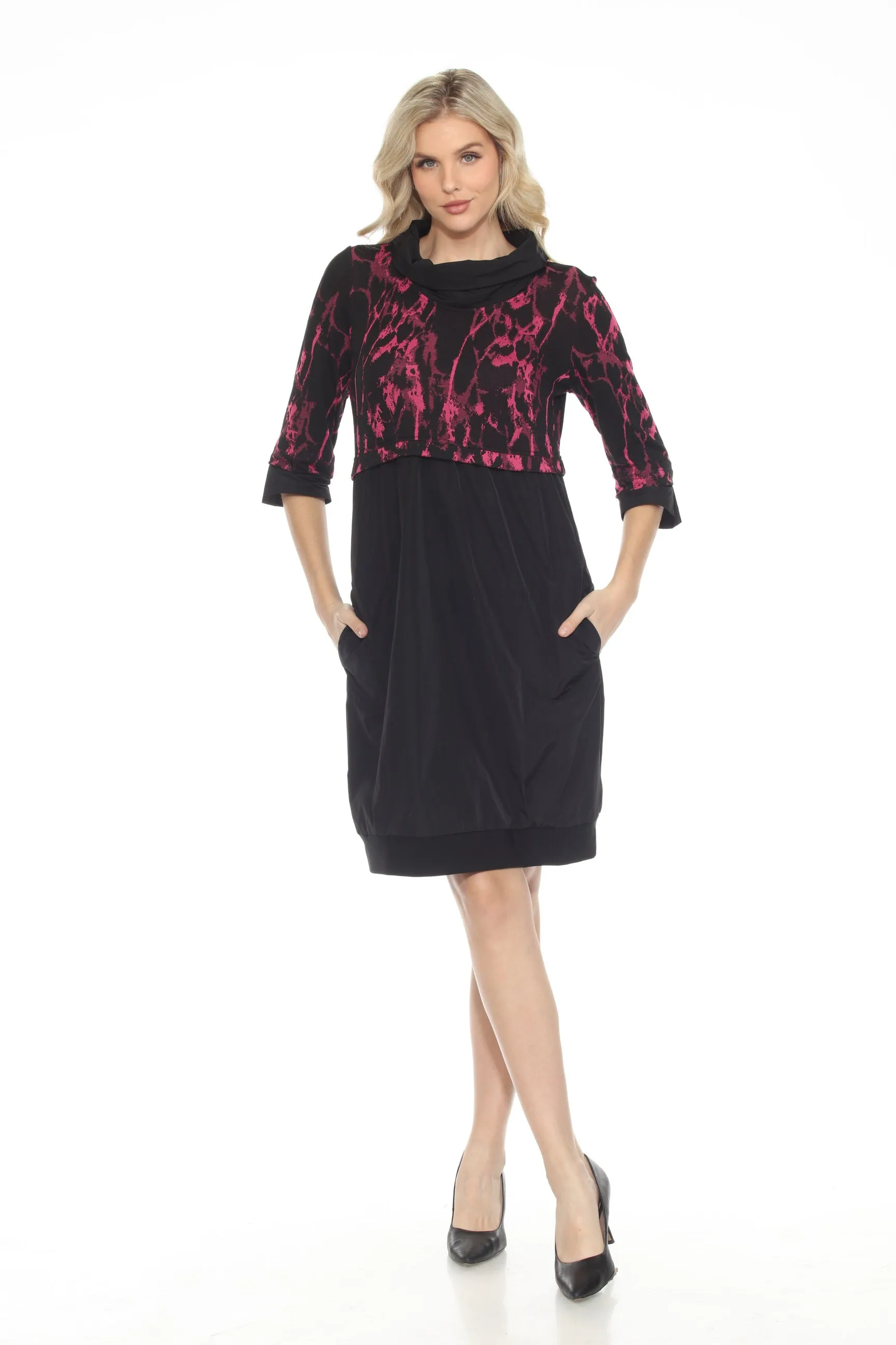 Joseph Ribkoff Black/Pink Abstract Print Cowl Neck Cocoon Dress 243300