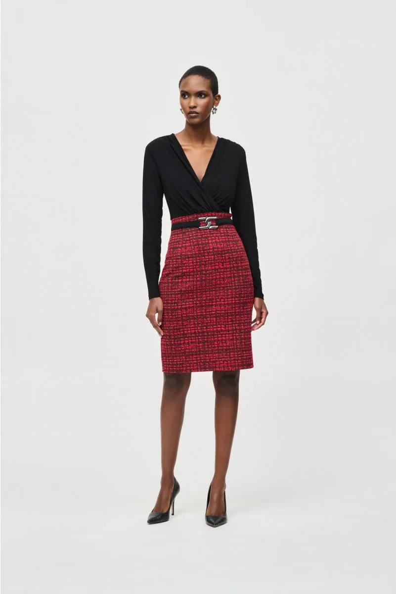 Joseph Ribkoff Black/Red Surplice Belted Plaid Sheath Dress 243060