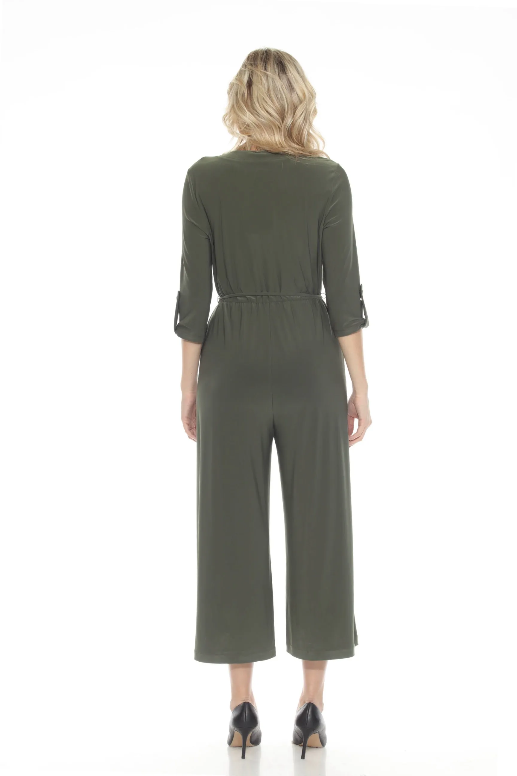 Joseph Ribkoff Iguana Green Waist Tie Cropped Wide Leg Jumpsuit 243088
