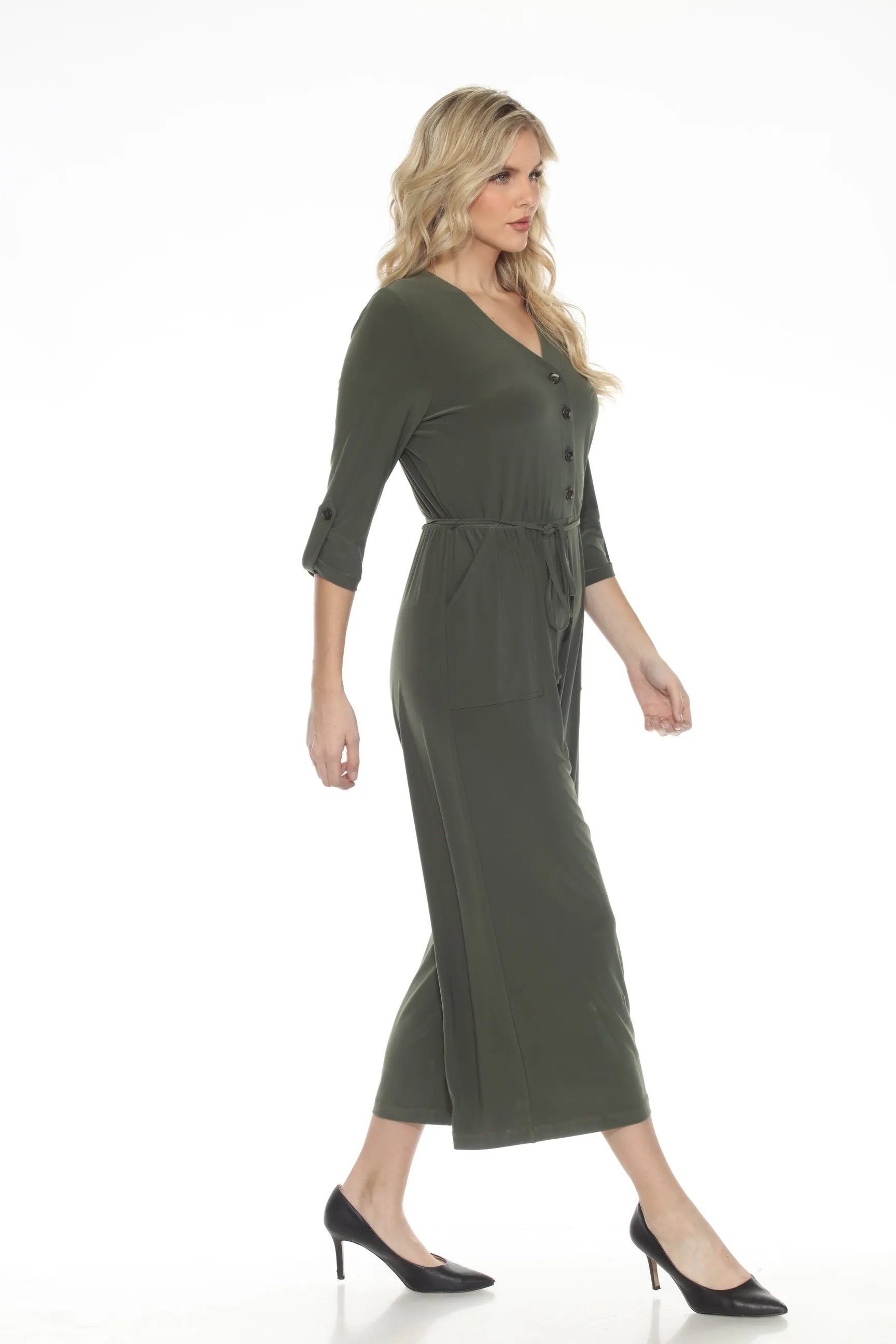 Joseph Ribkoff Iguana Green Waist Tie Cropped Wide Leg Jumpsuit 243088