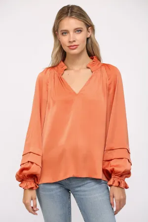 Kristin Tucked Detail Balloon Sleeve Split Neck Top