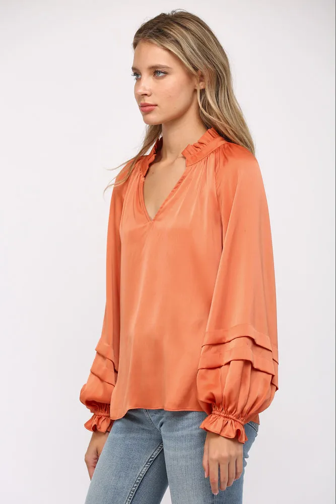 Kristin Tucked Detail Balloon Sleeve Split Neck Top