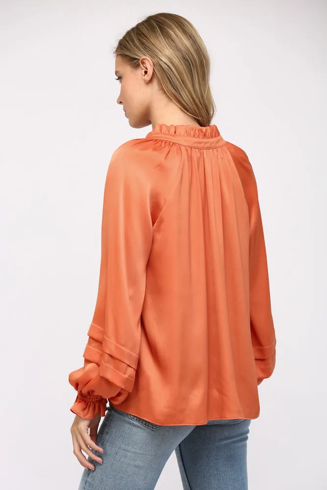 Kristin Tucked Detail Balloon Sleeve Split Neck Top
