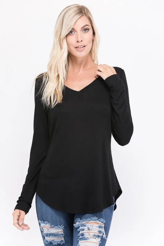 Long Sleeve Solid Vneck Tunic Top