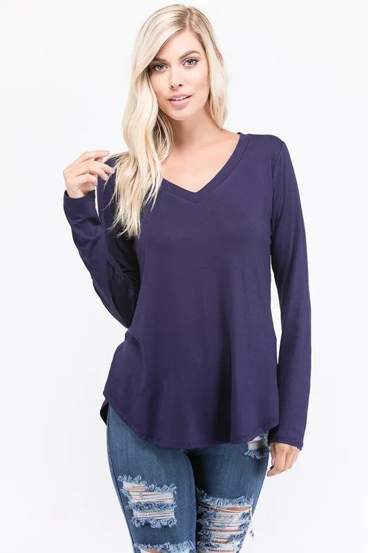 Long Sleeve Solid Vneck Tunic Top