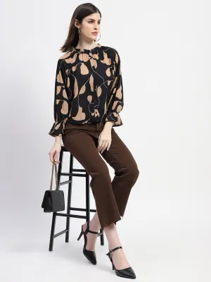 Madame Abstract Print Ruffle Sleeve Black Top