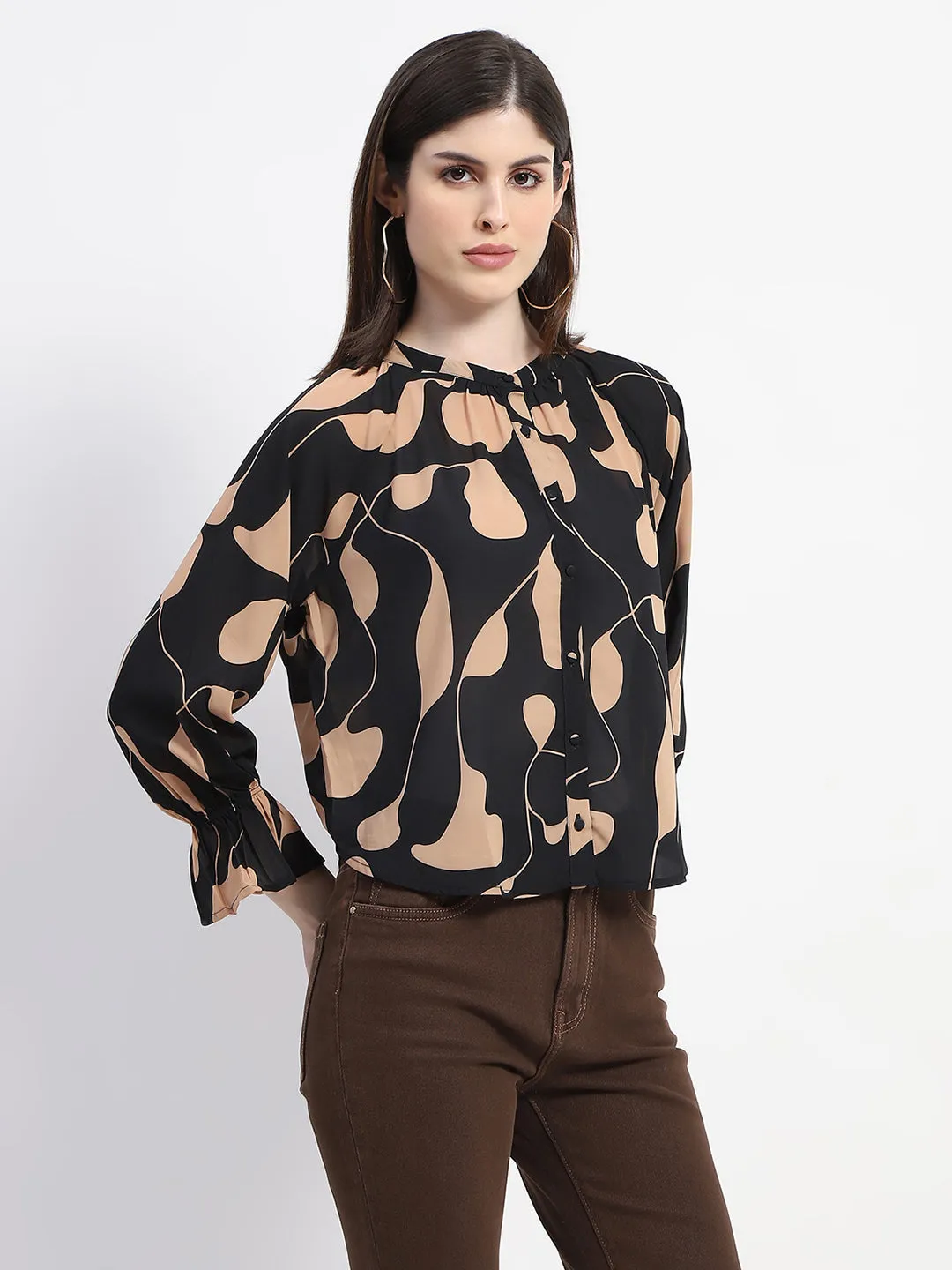Madame Abstract Print Ruffle Sleeve Black Top