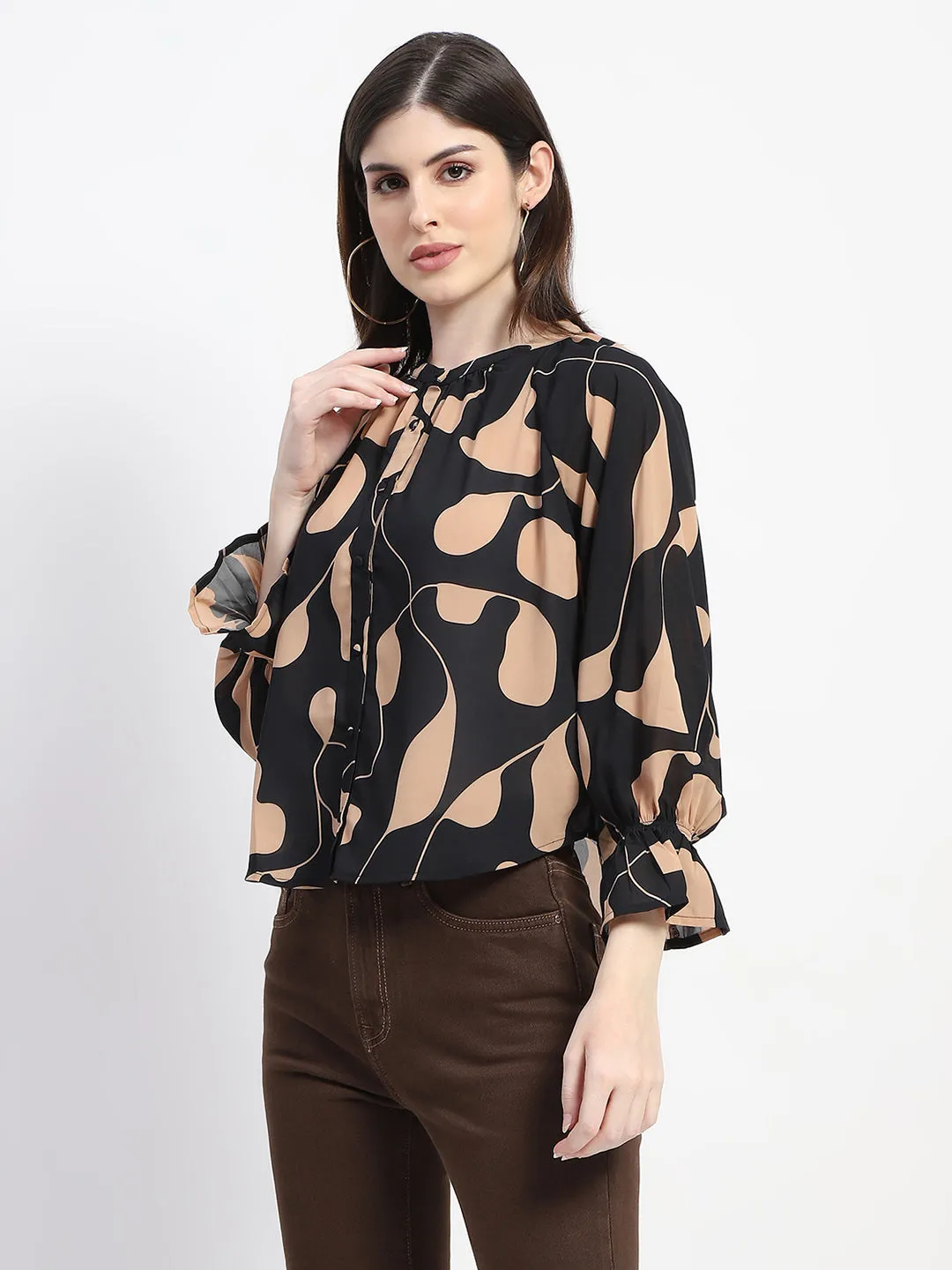 Madame Abstract Print Ruffle Sleeve Black Top