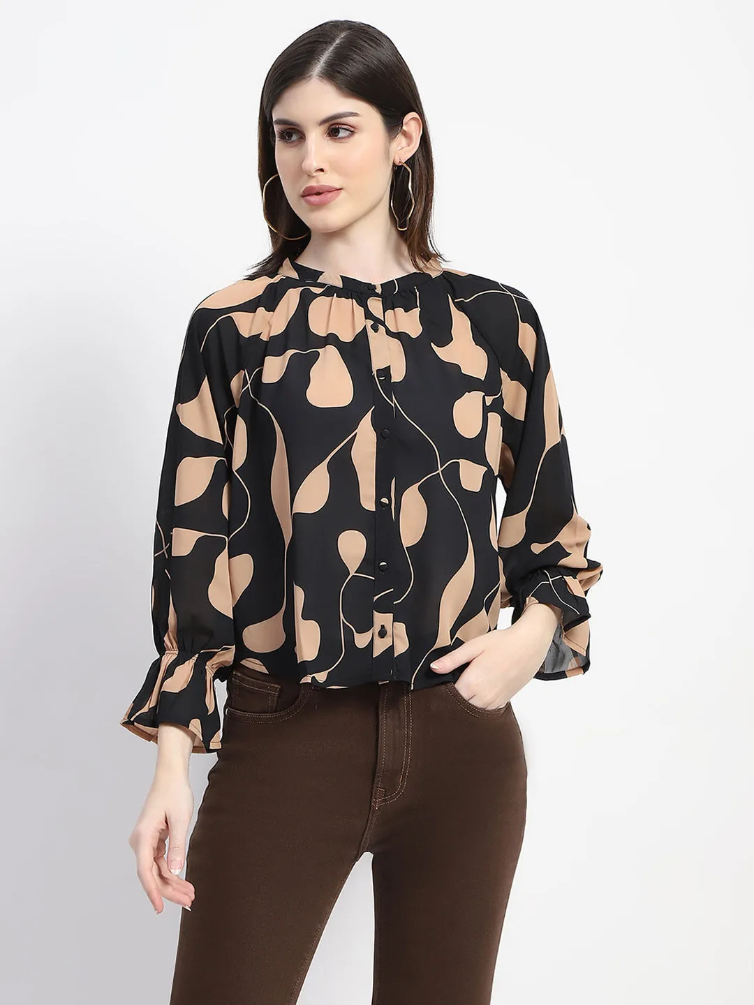 Madame Abstract Print Ruffle Sleeve Black Top
