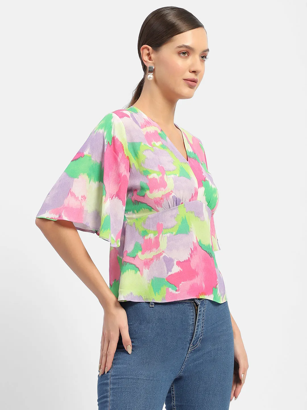 Madame Floral Print Pink Flutter Sleeve Top