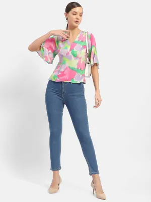 Madame Floral Print Pink Flutter Sleeve Top