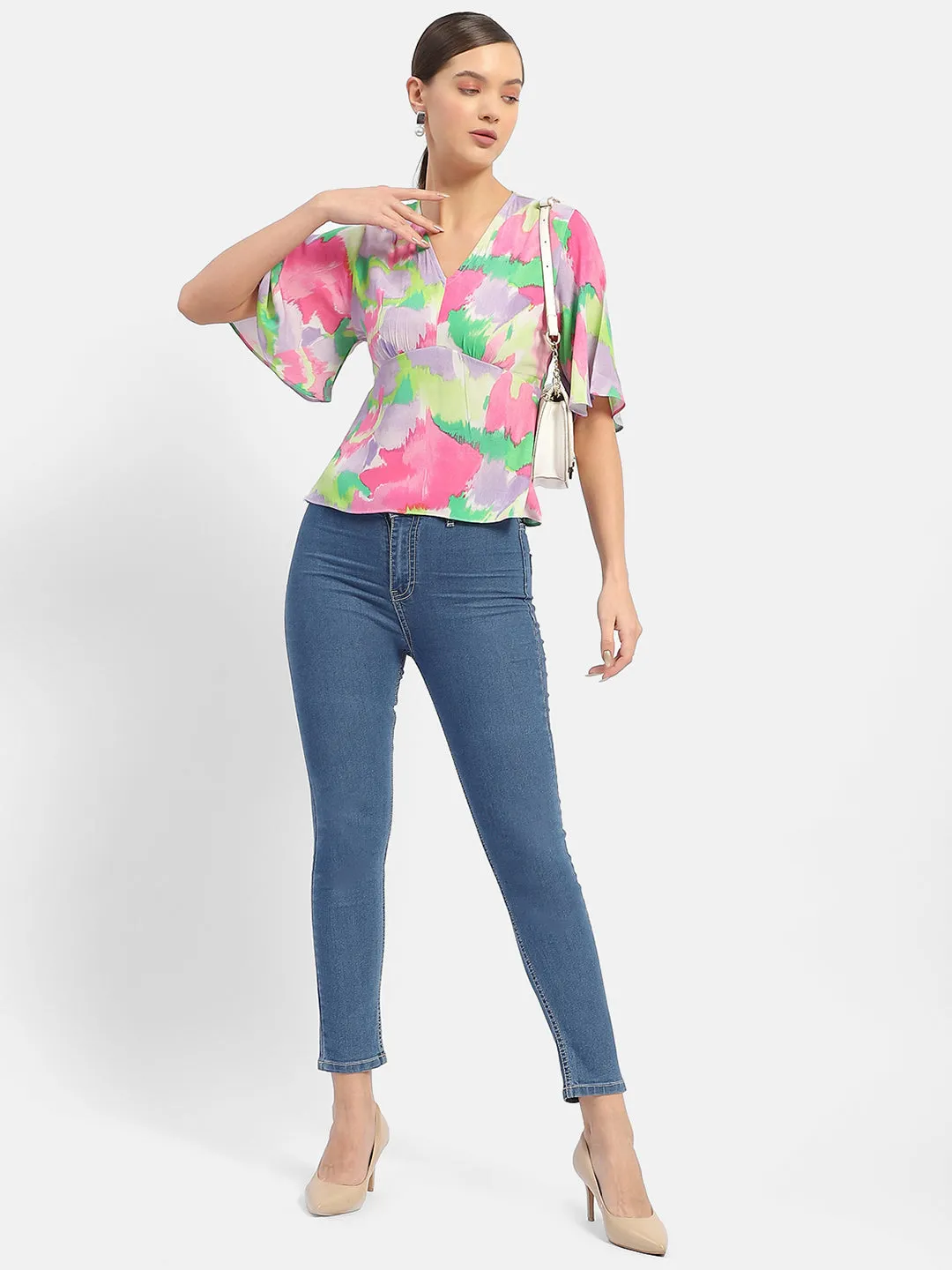 Madame Floral Print Pink Flutter Sleeve Top