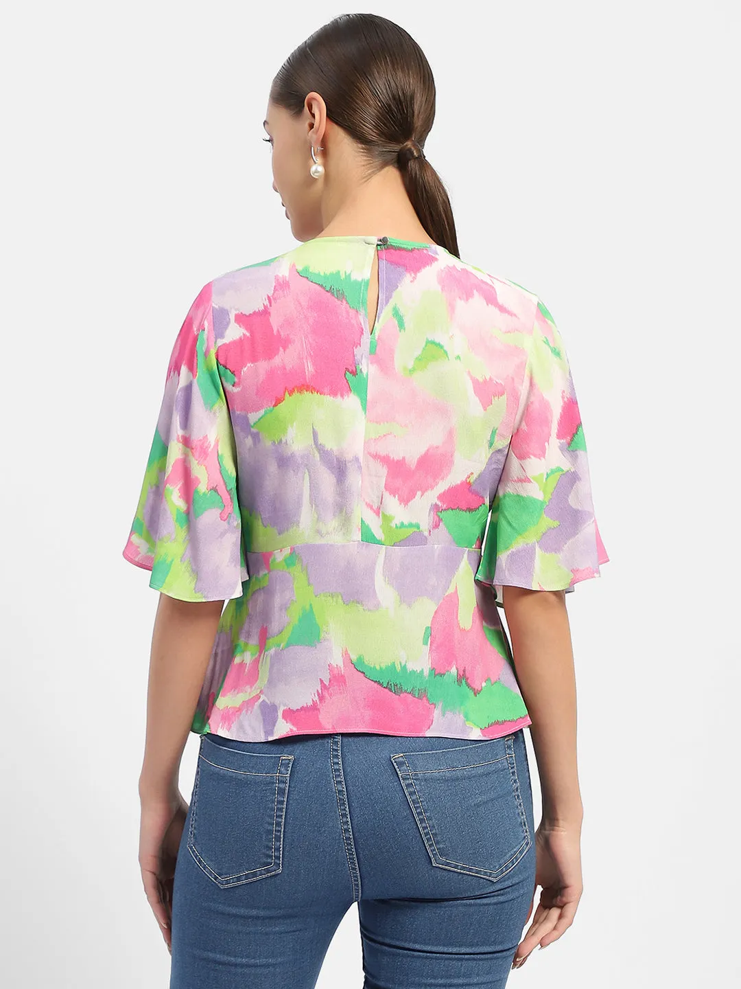 Madame Floral Print Pink Flutter Sleeve Top