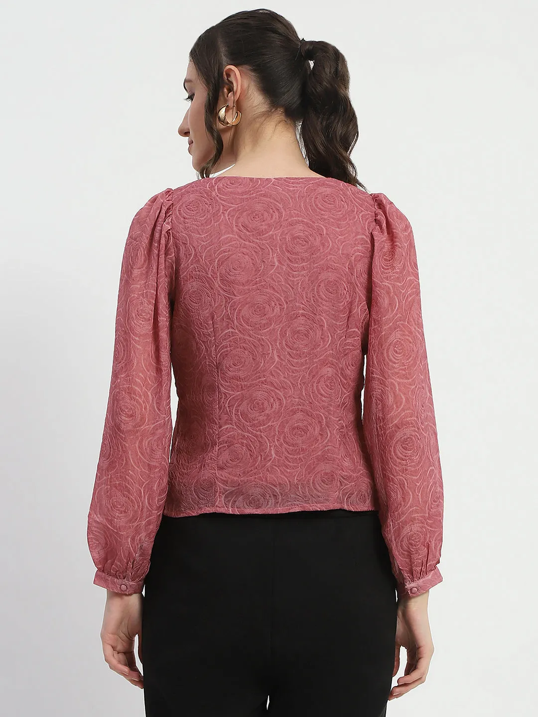 Madame Floral Print Queen Anne Neck Buttoned Pink Top