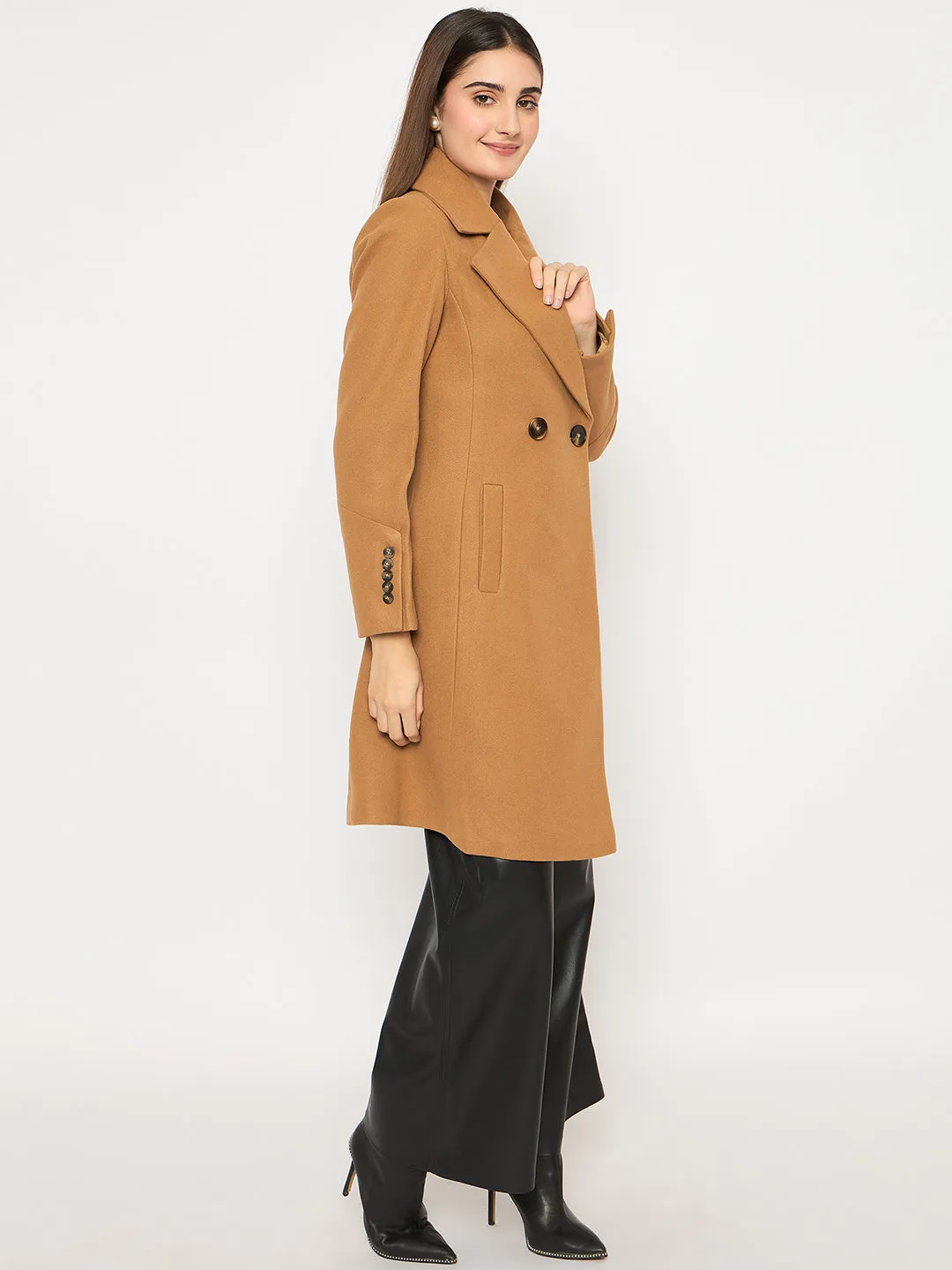 Madame Front Welt Pocketed Double Breasted Khaki Long Coat