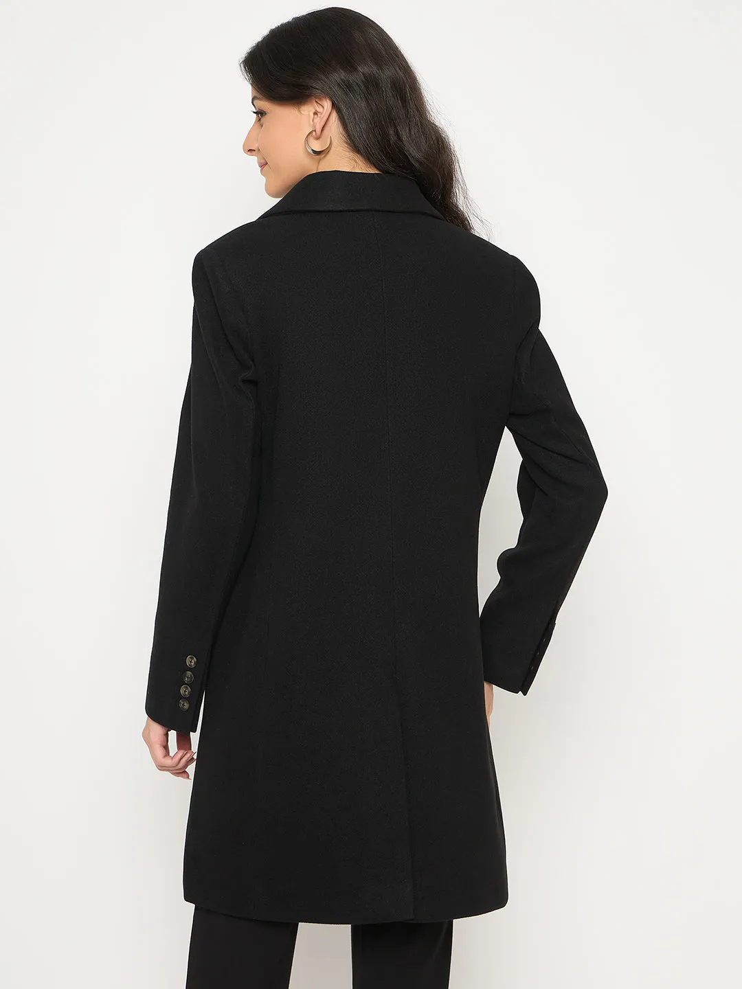 Madame Mélange Lapel Notched Front Pocketed Black Long Coat