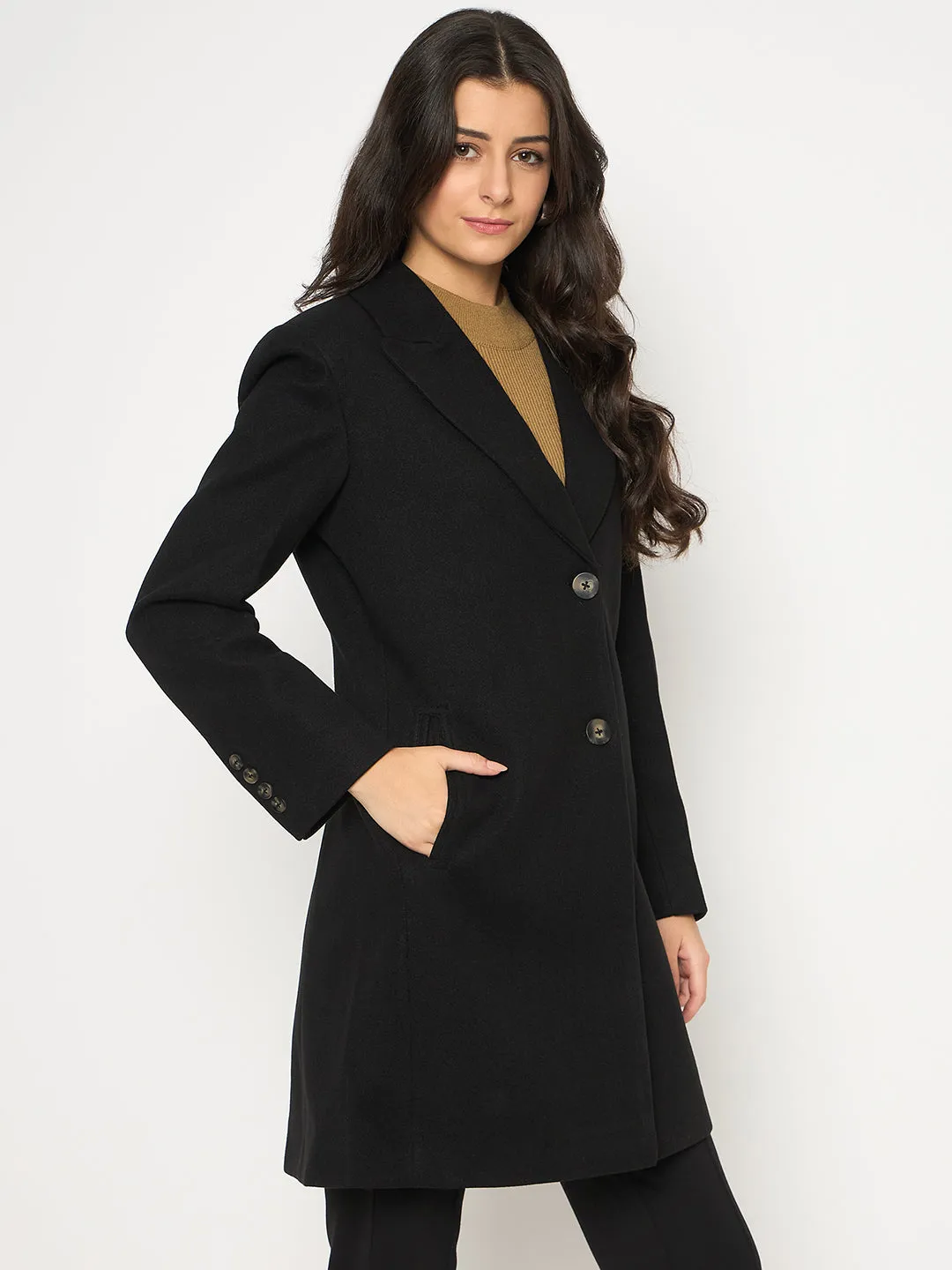 Madame Mélange Lapel Notched Front Pocketed Black Long Coat