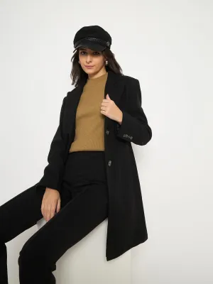 Madame Mélange Lapel Notched Front Pocketed Black Long Coat