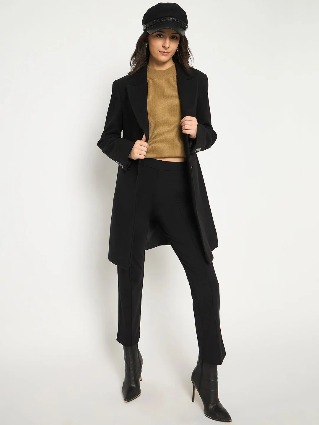 Madame Mélange Lapel Notched Front Pocketed Black Long Coat