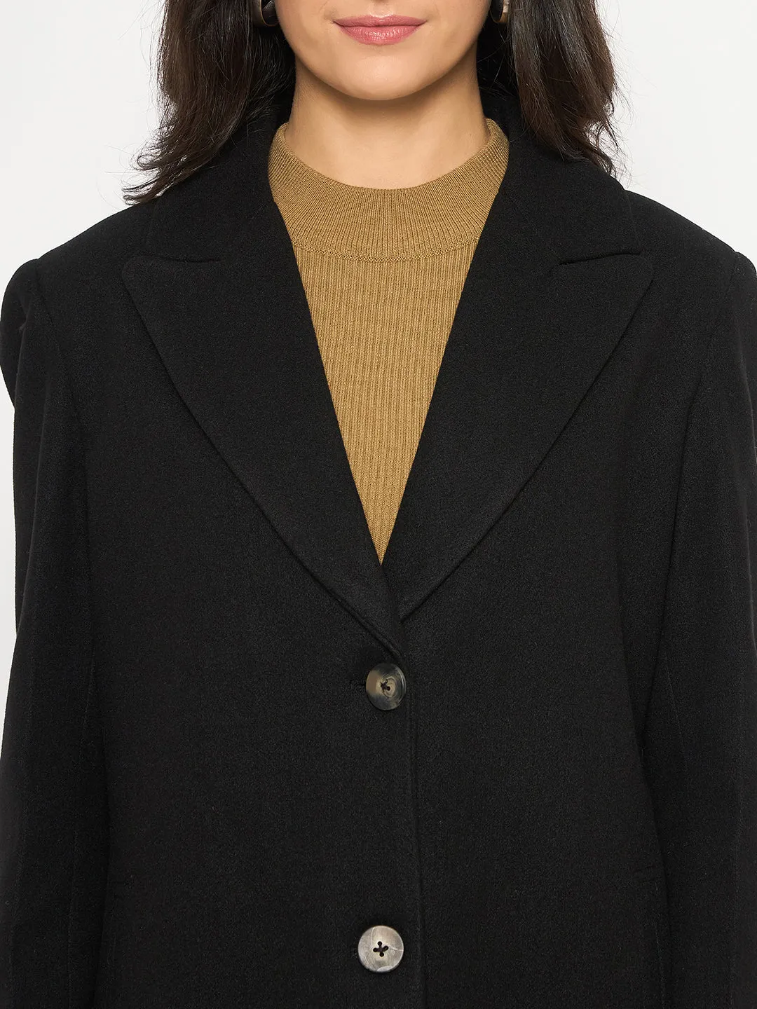 Madame Mélange Lapel Notched Front Pocketed Black Long Coat