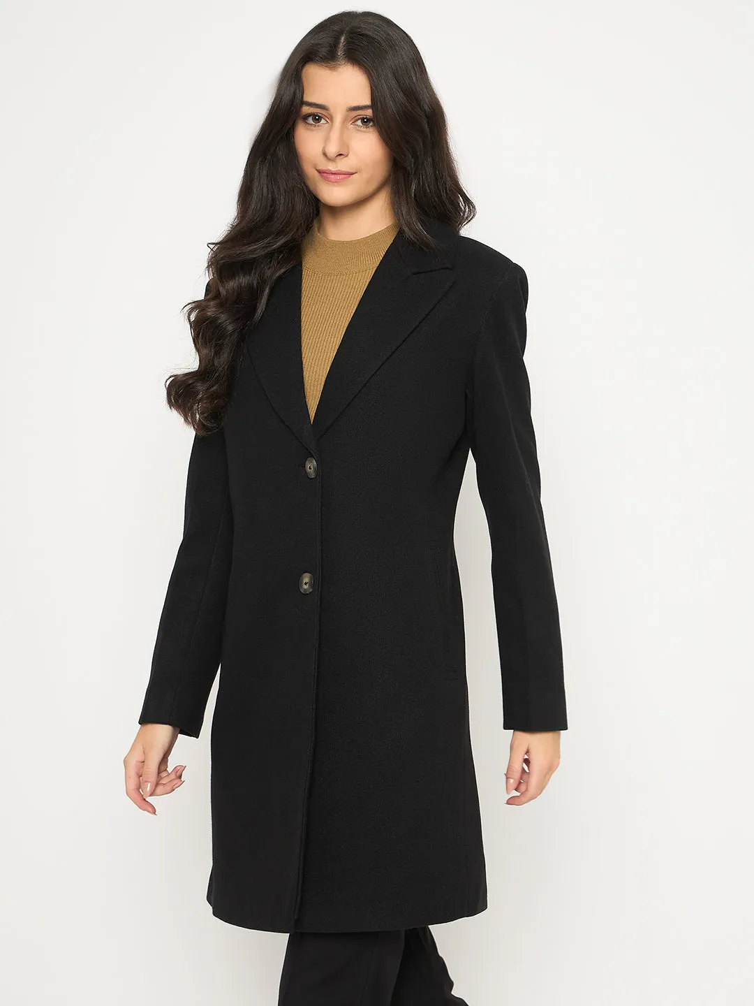 Madame Mélange Lapel Notched Front Pocketed Black Long Coat