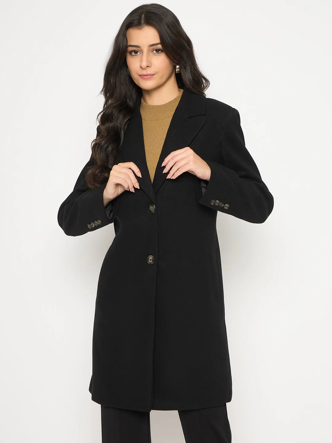 Madame Mélange Lapel Notched Front Pocketed Black Long Coat