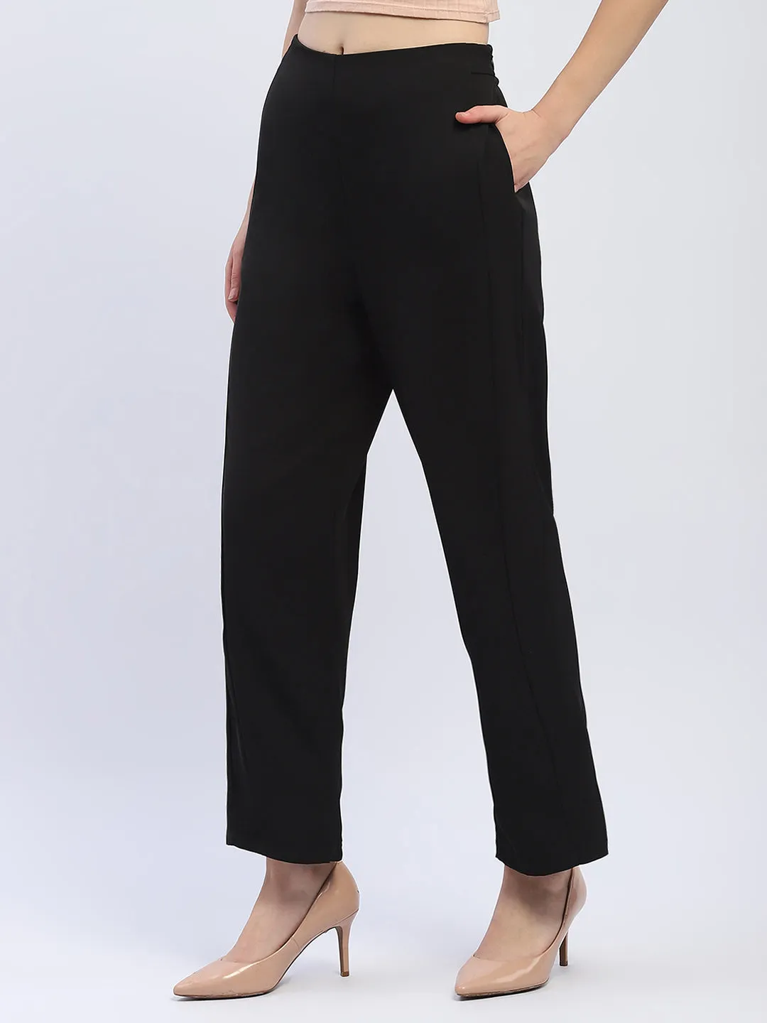 Madame Solid Black Straight Fit Trousers