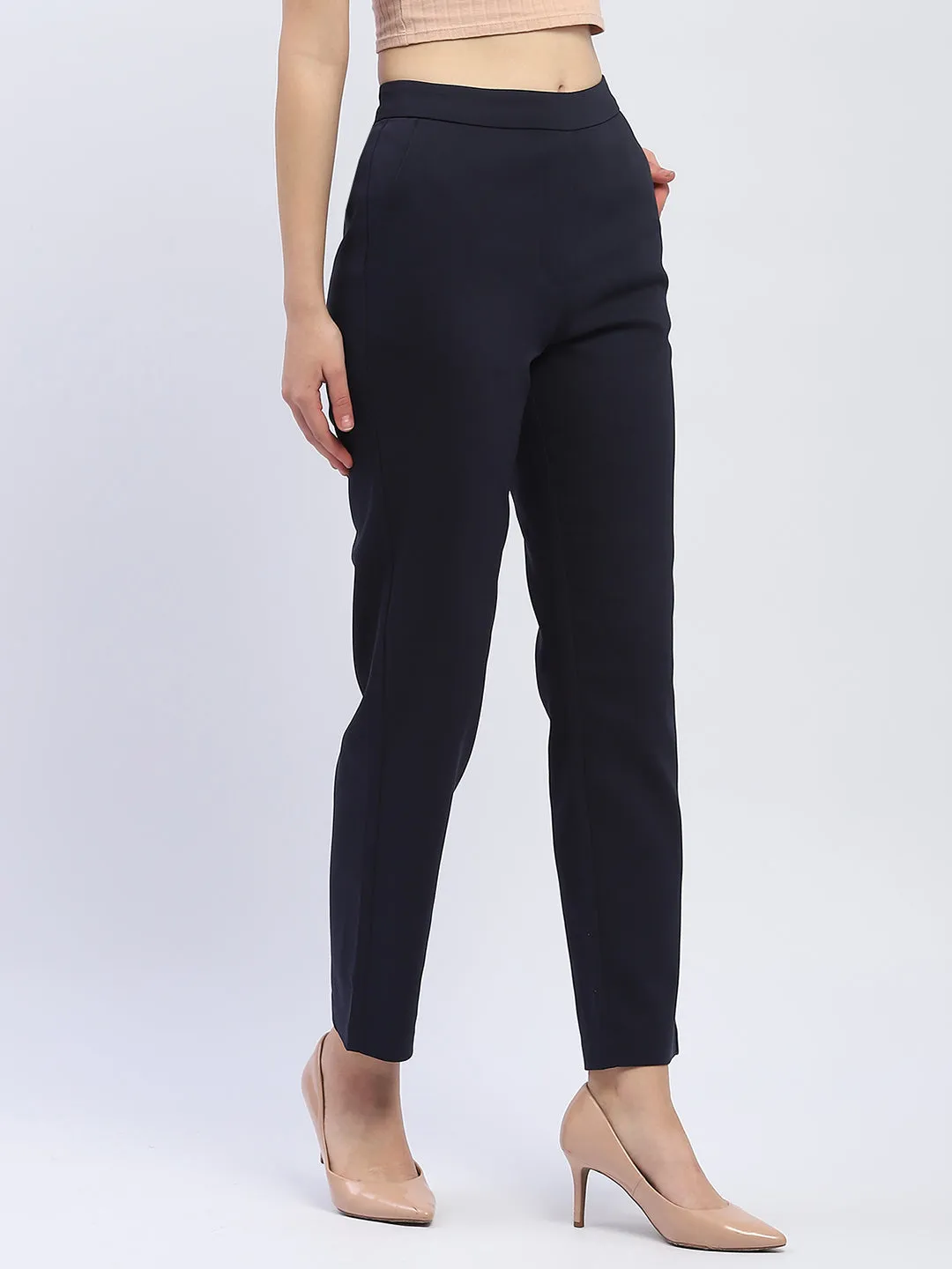 Madame Solid Navy Blue Straight Fit Trousers