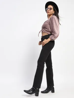 Madame Velvet Ruched Front Brown Crop Top