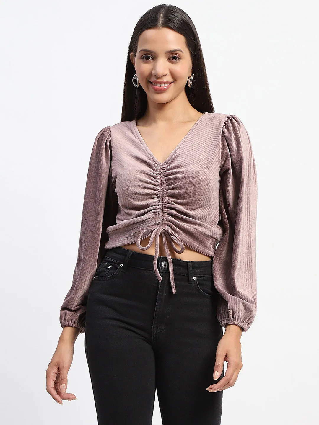 Madame Velvet Ruched Front Brown Crop Top