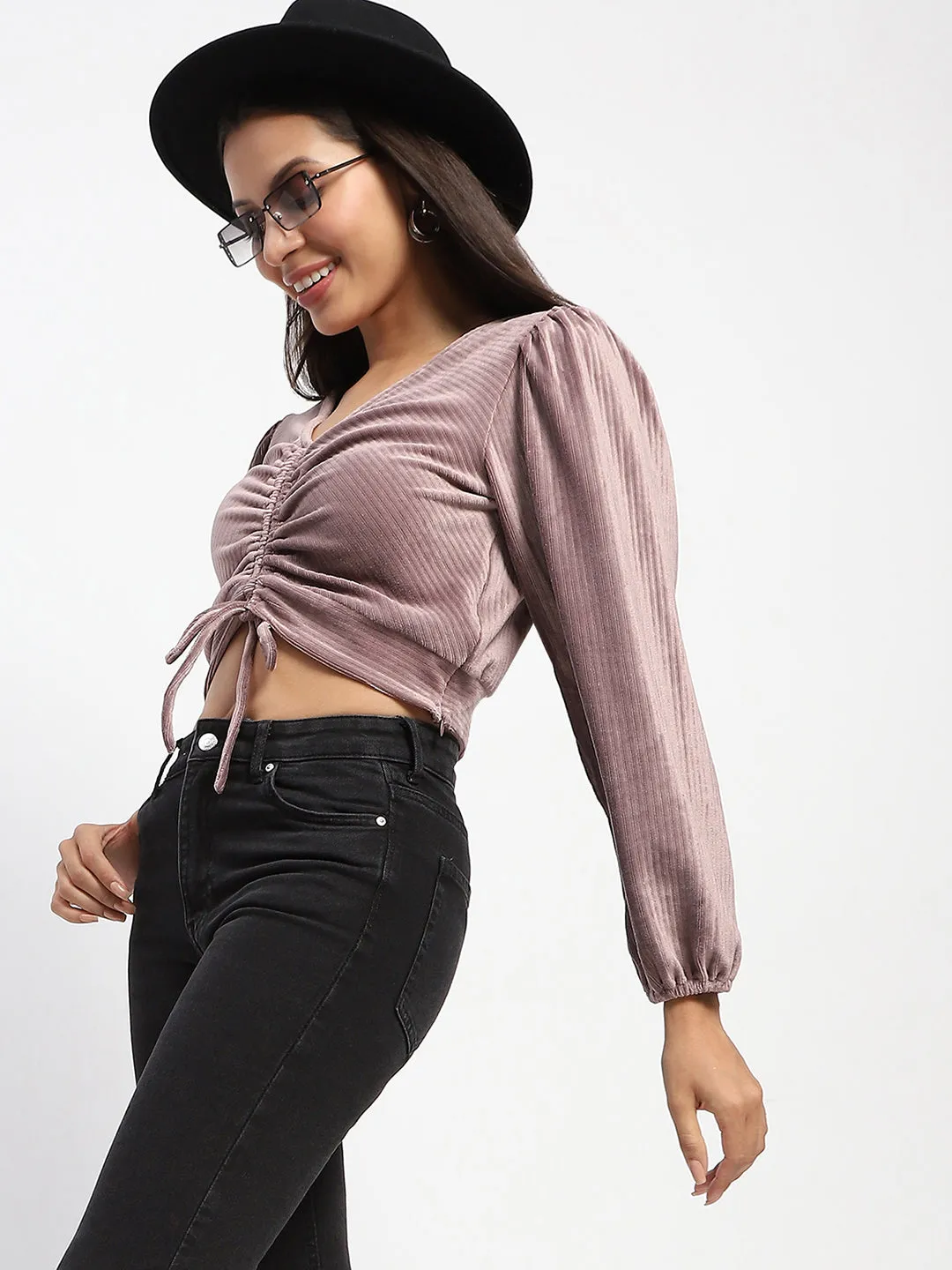 Madame Velvet Ruched Front Brown Crop Top