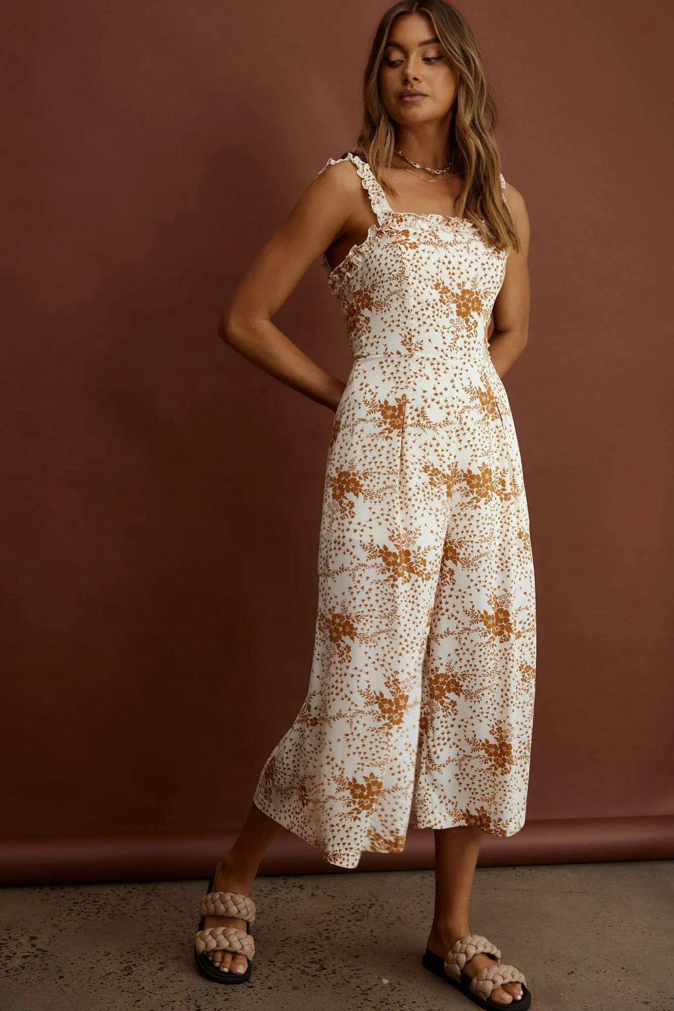 Magdalene Frill Strap Midi Jumpsuit Vintage Floral Tan