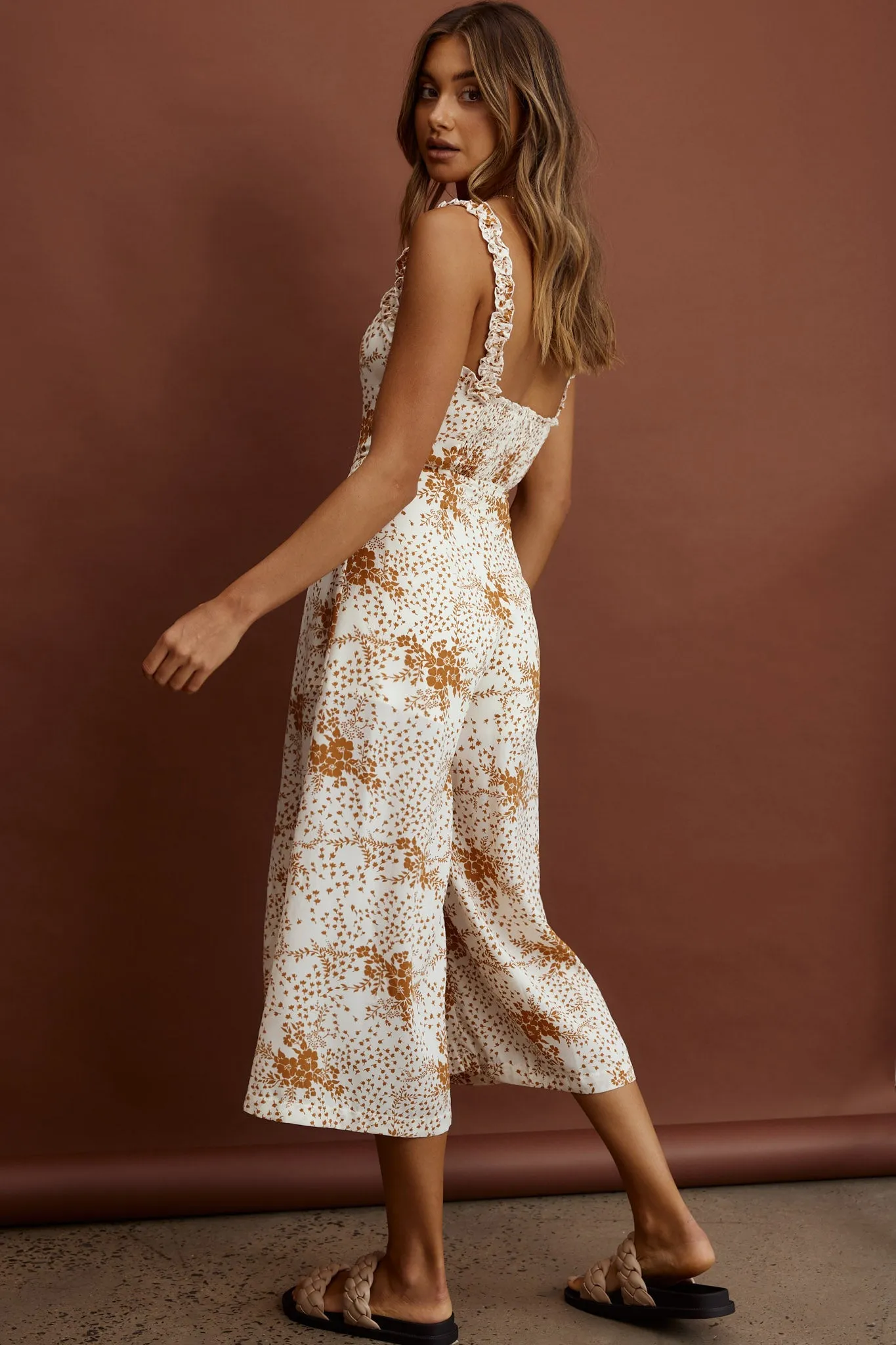 Magdalene Frill Strap Midi Jumpsuit Vintage Floral Tan