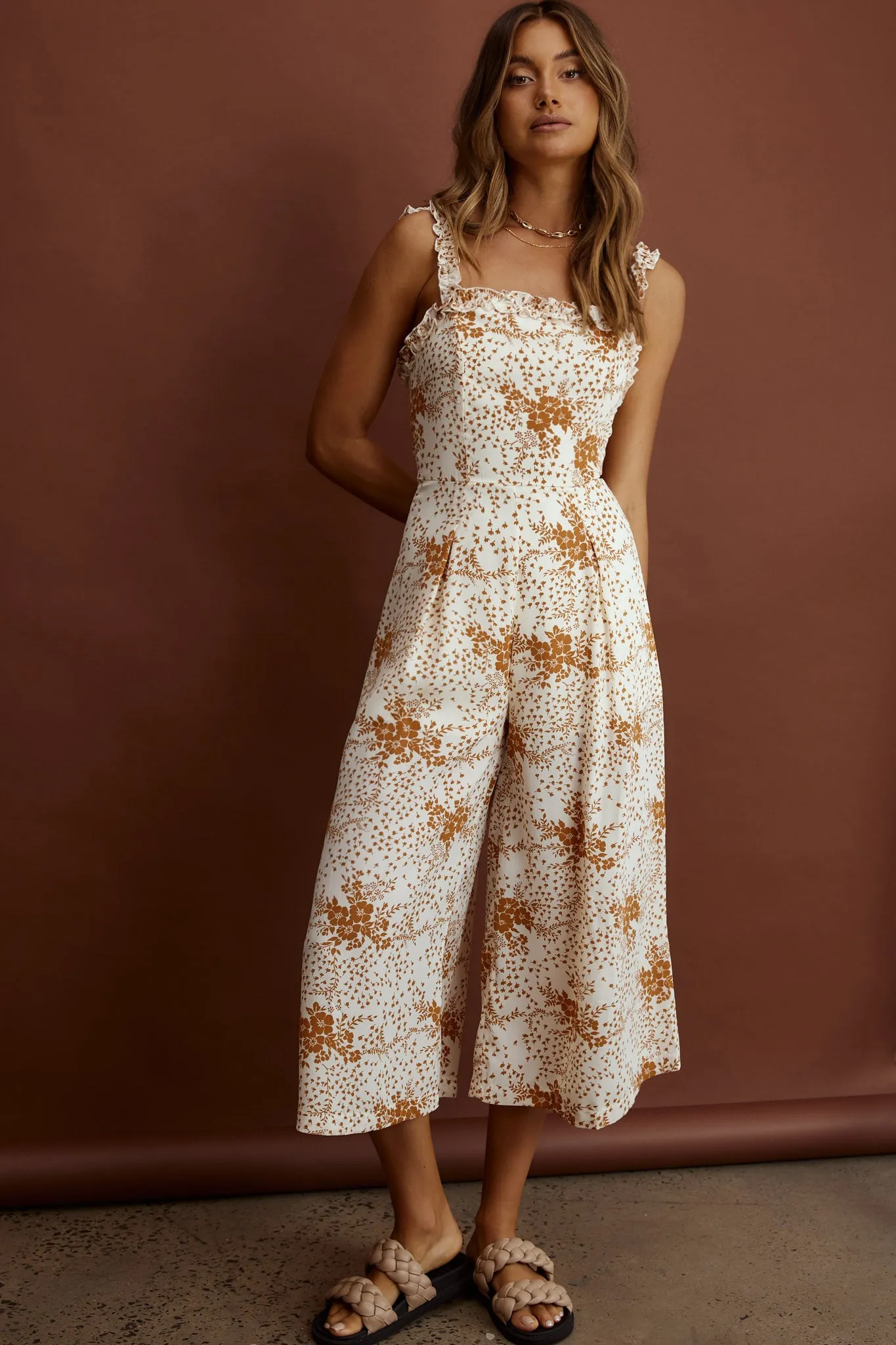 Magdalene Frill Strap Midi Jumpsuit Vintage Floral Tan