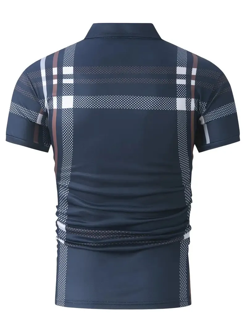 Men's Polo Shirt - Plaid Pattern - Slim Fit - Short Sleeve Button-Down Collar