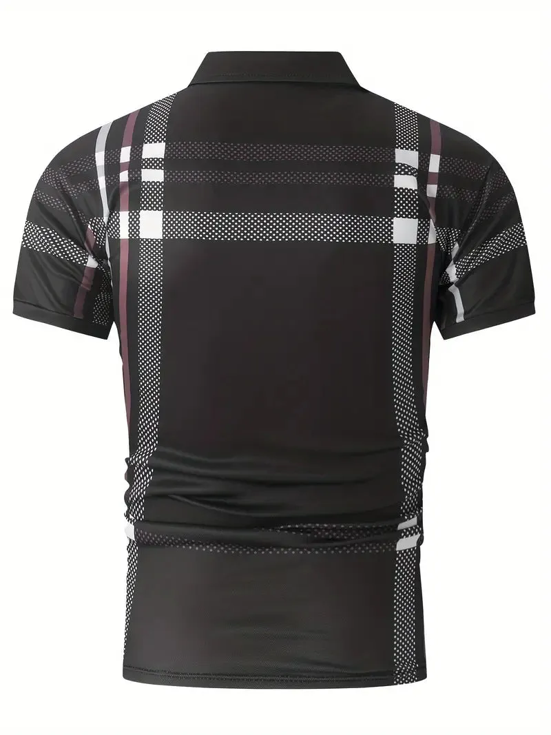 Men's Polo Shirt - Plaid Pattern - Slim Fit - Short Sleeve Button-Down Collar